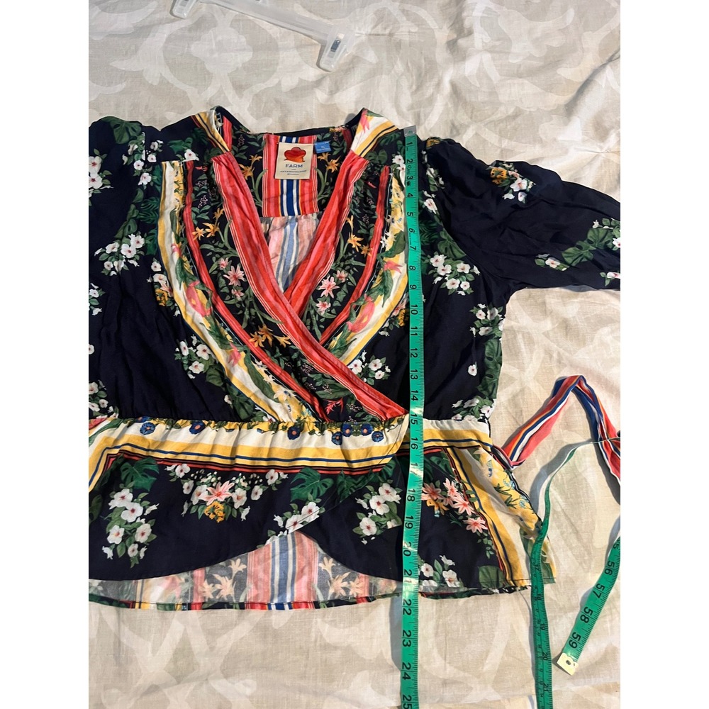 Farm Rio for Anthropologie Tropical Floral Striped Wrap Blouse Navy XL - Picture 6 of 15